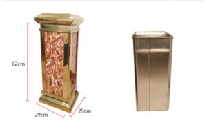 thùng rác đá đỏ inox vàng