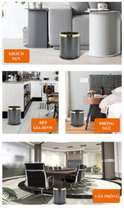 Thùng rác thép viền inox vàng